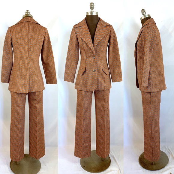 Vintage Pants - Vintage Tan Herringbone Pantsuit